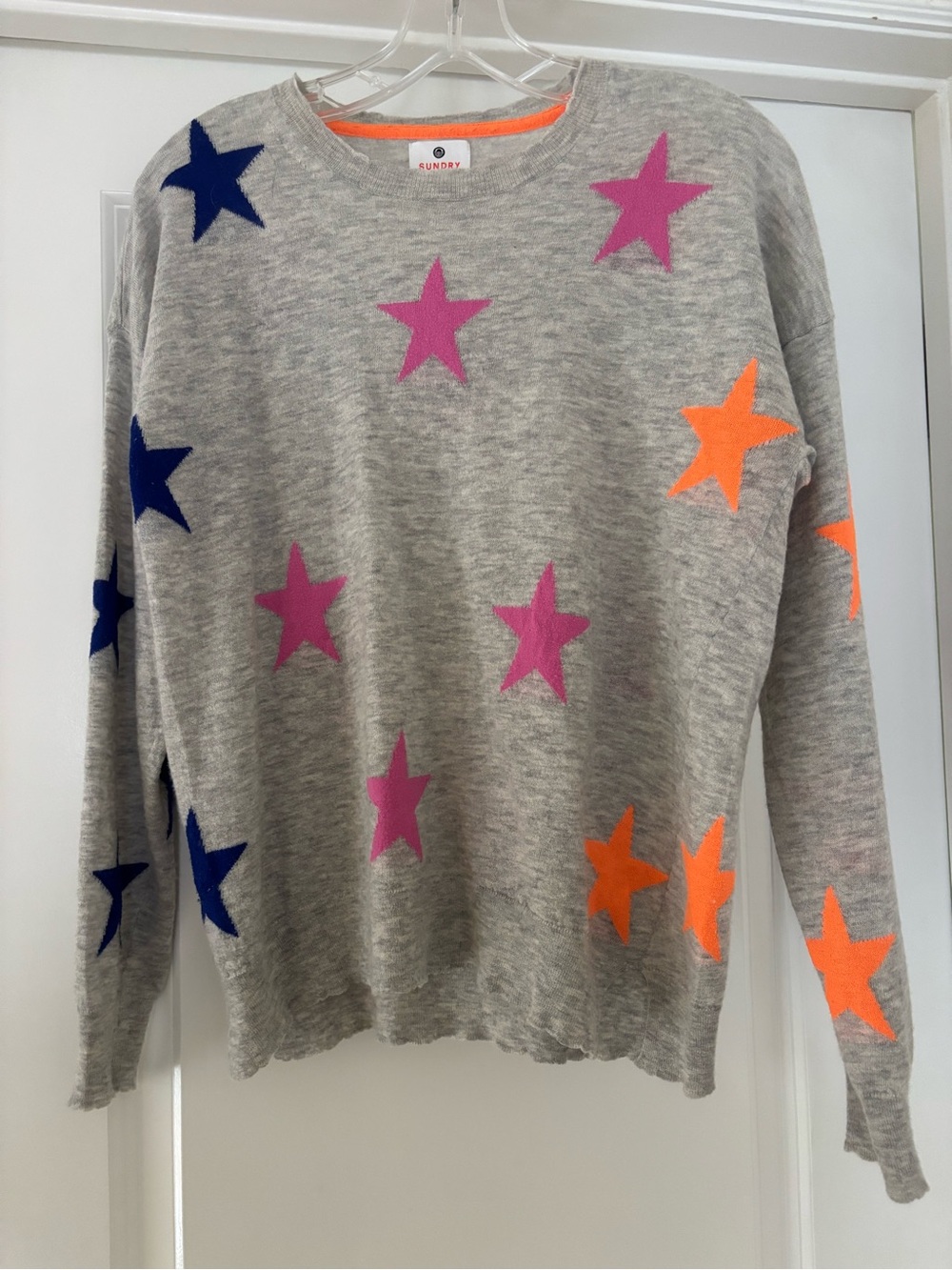 SUNDRY Gray Star-Pattern Crewneck Sweater - Pink, Orange, Blue Stars